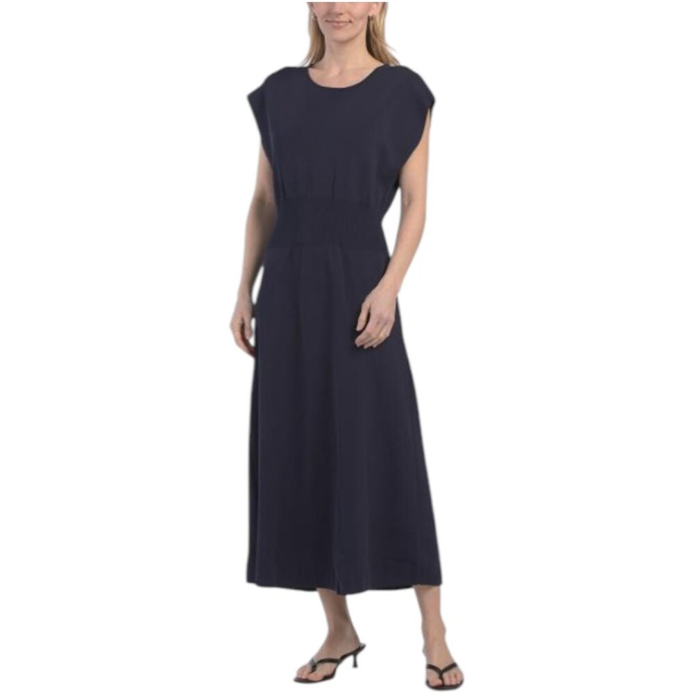 LUXELY Extended Shoulder Ribbed Waist Fit And Flare Midi Dress